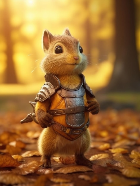 There is a small squirrel dressed in armor standing in the leaves generative ai