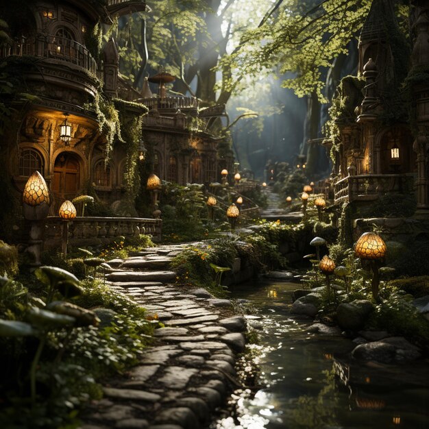 there is a small stream running through a forest with lanterns generative ai