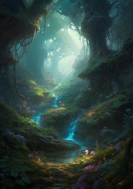 There is a small stream running through a forest with a waterfall generative ai