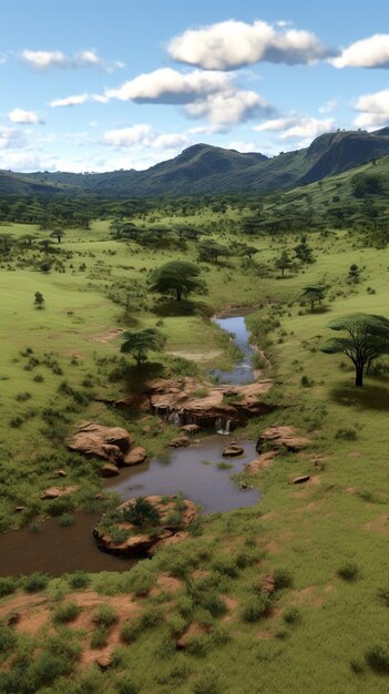 There is a small stream running through a green field with trees generative ai