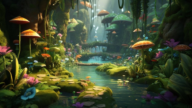 there is a small stream running through a lush green forest generative ai