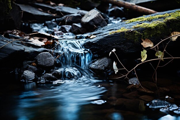 There is a small stream of water running between rocks and trees generative ai