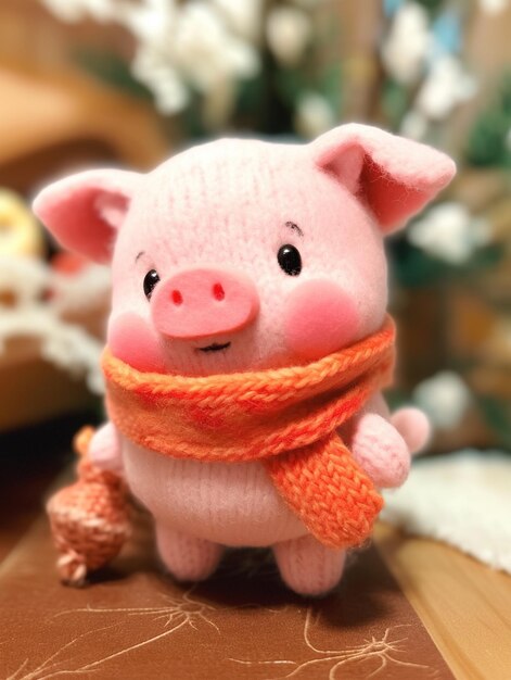 there is a small stuffed pig wearing a scarf on a table generative ai