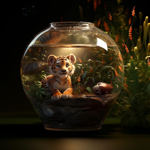в аквариуме с растениями генеративного искусственного интеллекта сидит маленький тигренок