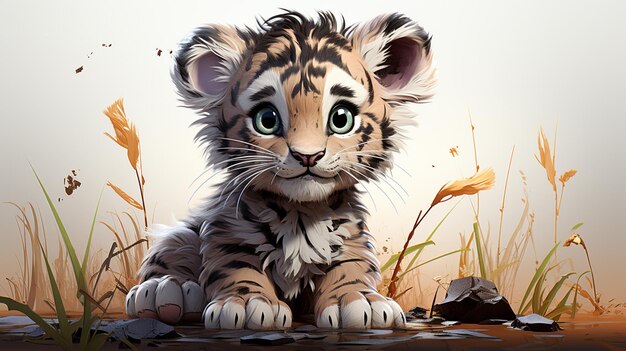 There is a small tiger cub sitting in the grass generative ai