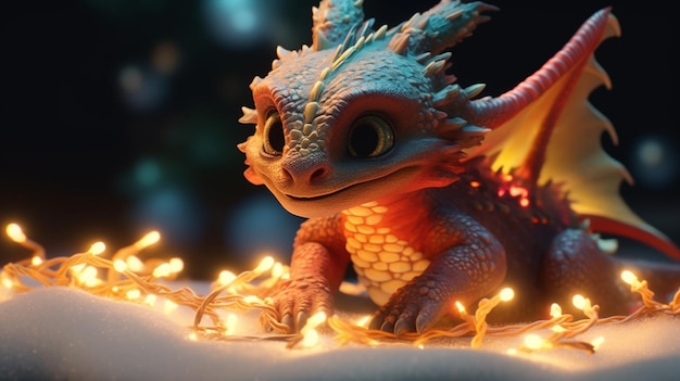 There is a small toy dragon sitting on a table with christmas lights generative ai