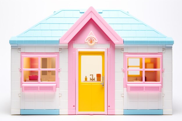 Photo there is a small toy house with a yellow door and windows ai generative
