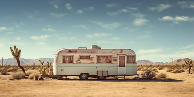 Photo there is a small trailer parked in the middle of the desert generative ai