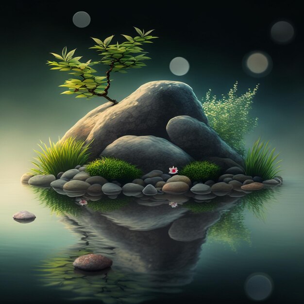 There is a small tree on a rock in the water generative ai