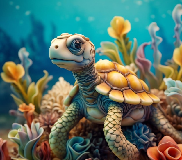 There is a small turtle that is sitting on a coral generative ai