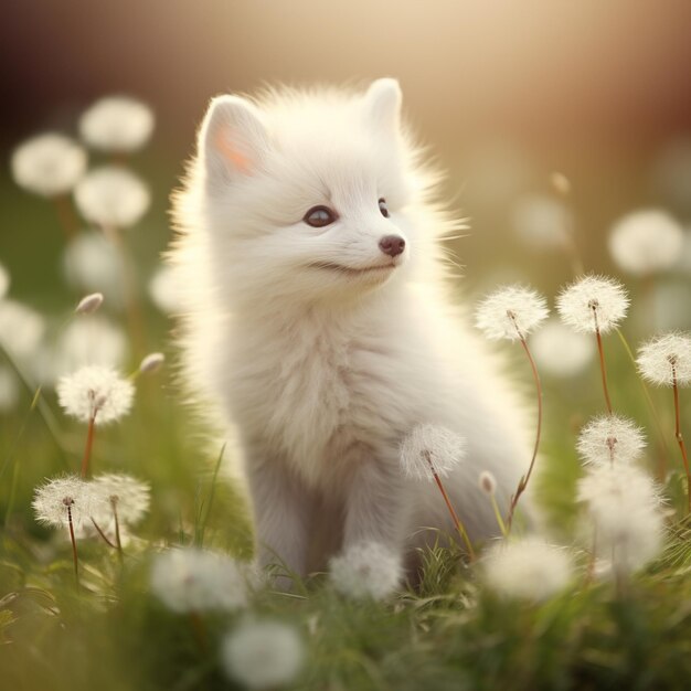 There is a small white dog sitting in a field of flowers generative ai