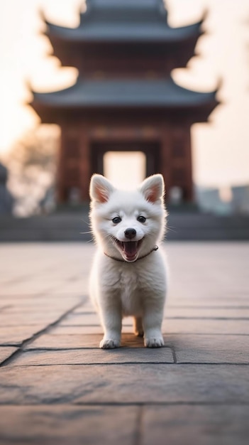 塔の前の歩道に小さな白い犬が立っています 生成AI