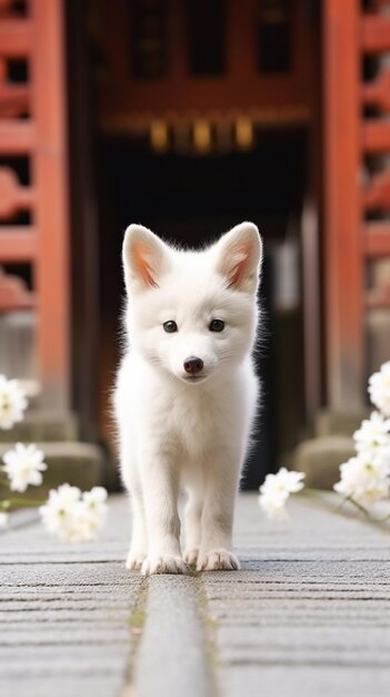 there is a small white dog standing on a walkway with flowers generative ai