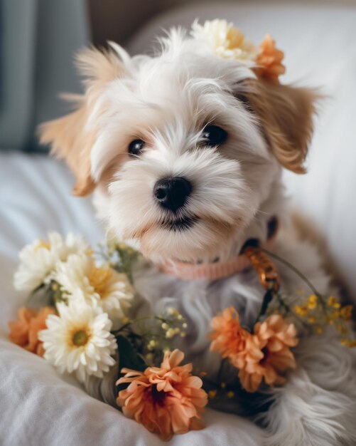 there is a small white dog with a flower in its mouth generative ai