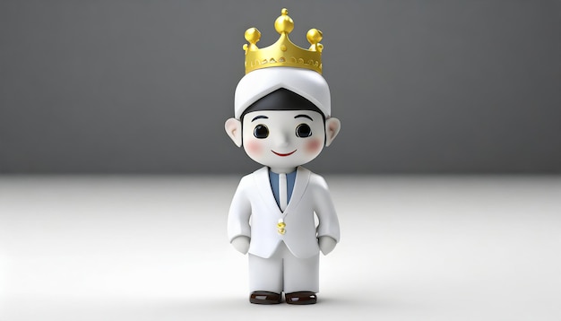 There is a small white figurine of a men wear suit with a crown on her head