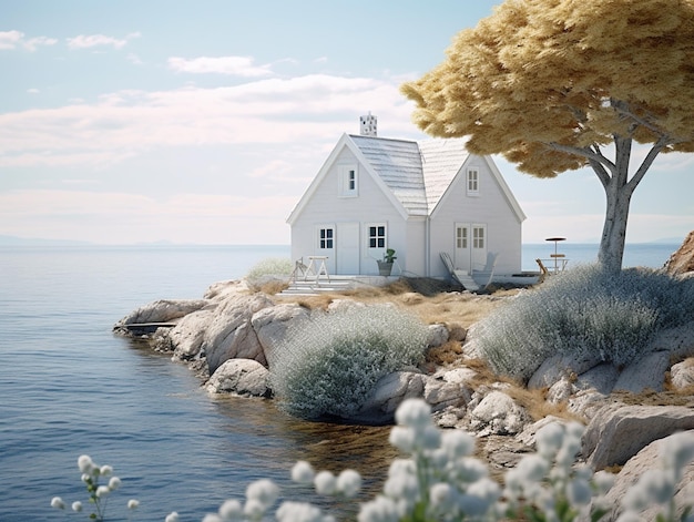 there is a small white house on the shore of the water generative ai