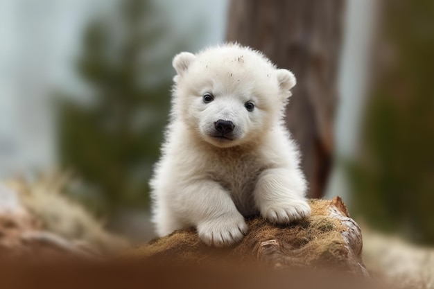 there is a small white polar bear cub sitting on a rock generative ai