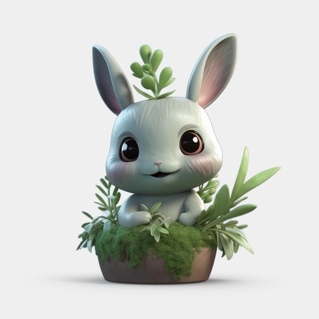 小さな白いウサギが植物のポットに座っています
