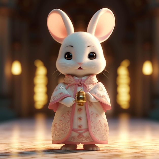 There is a small white rabbit with a bell in its hand generative ai