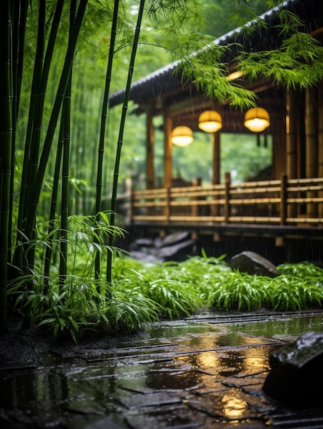 there is a small wooden building in the middle of a forest generative ai