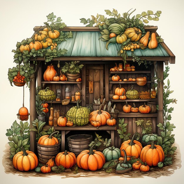 there is a small wooden stand with pumpkins and other fruits generative ai