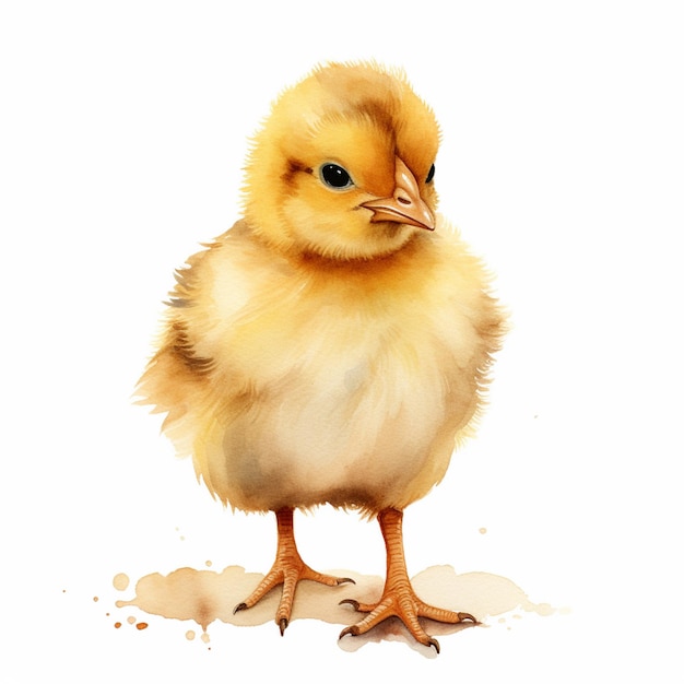 there is a small yellow chicken standing on a dirty ground generative ai