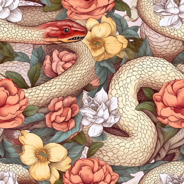 Photo there is a snake and flowers on a white background generative ai