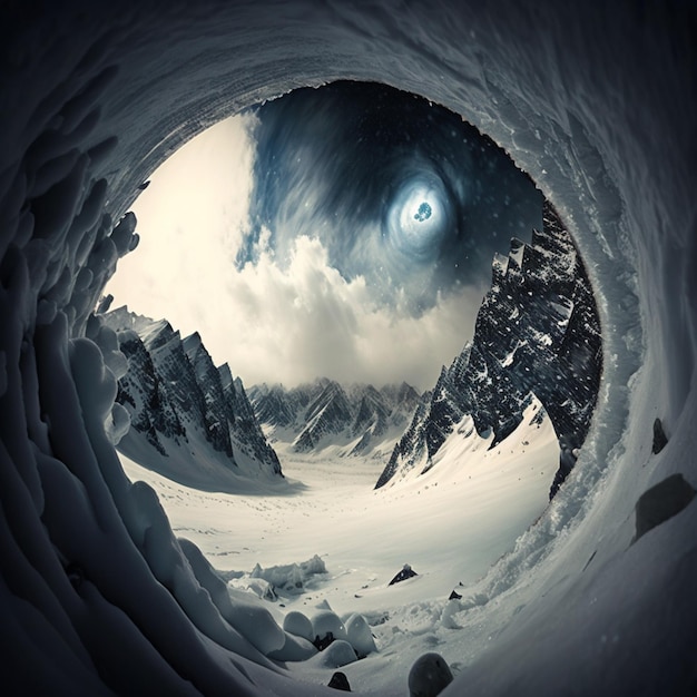 There is a snow covered mountain with a hole in the middle generative ai