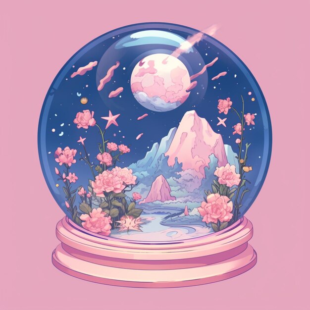 there is a snow globe with a mountain and flowers inside. generative ai.