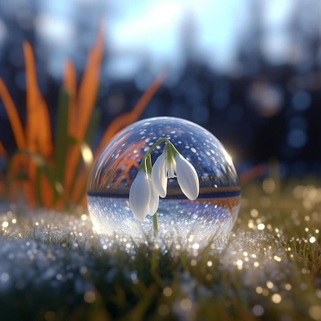 There is a snowdrop sitting in the grass with a flower inside of it generative ai