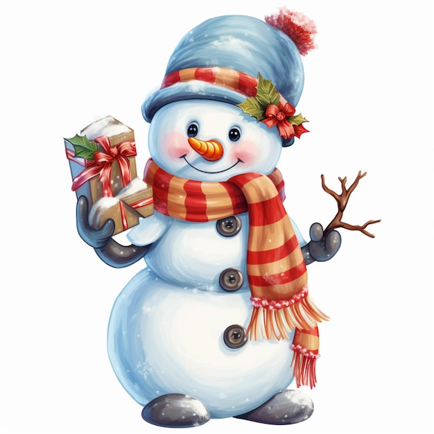 there is a snowman holding a present in his hand generative ai