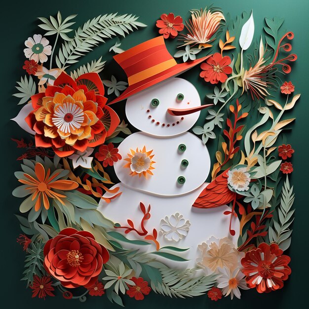 There is a snowman made of paper with flowers and leaves generative ai