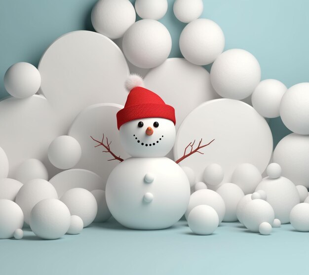 Photo there is a snowman that is standing among many balls generative ai