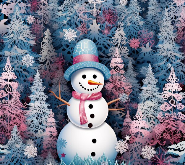 Photo there is a snowman that is standing in the middle of a field of snowflakes generative ai