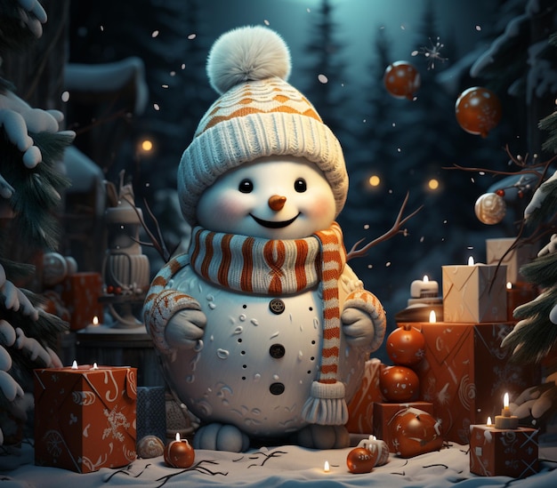 there is a snowman that is standing in the snow with presents generative ai