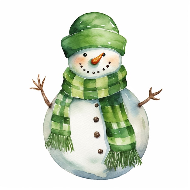 Там снеговик с зеленой шляпой и шарфом.