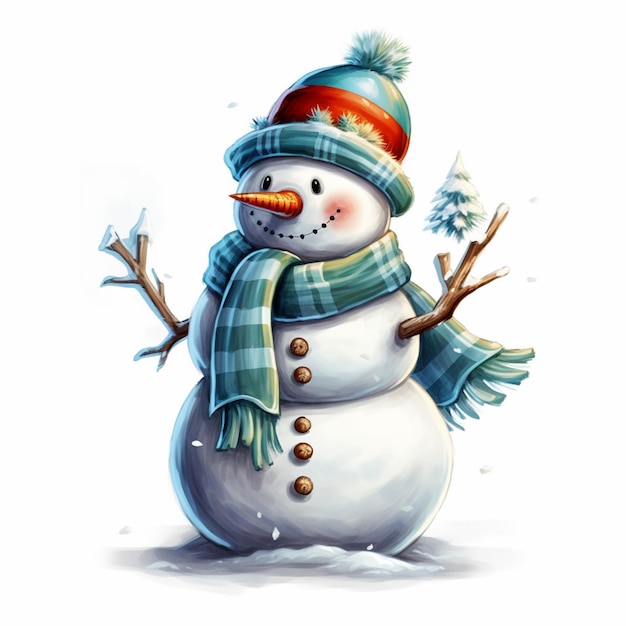 There is a snowman with a hat and scarf on generative ai