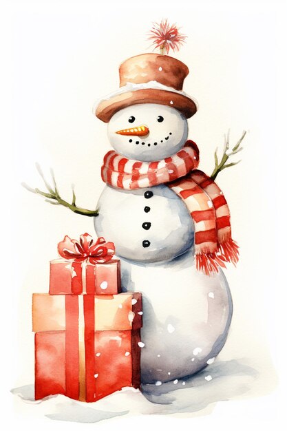 there is a snowman with a hat and scarf next to a gift generativ ai