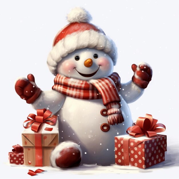 Photo there is a snowman with a hat and scarf holding two presents generative ai