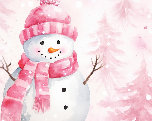 Photo there is a snowman with a pink hat and scarf generative ai