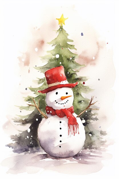 there is a snowman with a red hat and scarf next to a christmas tree generativ ai