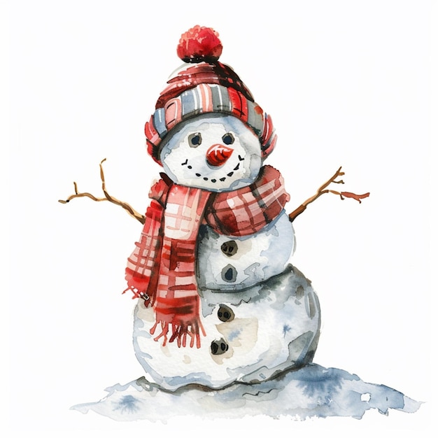 Там снеговик с красной шляпой и шарфом на генеративной ай