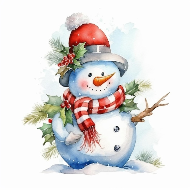 There is a snowman with a red hat and scarf generative ai