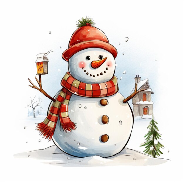 There is a snowman with a red hat and scarf holding a lantern generative ai