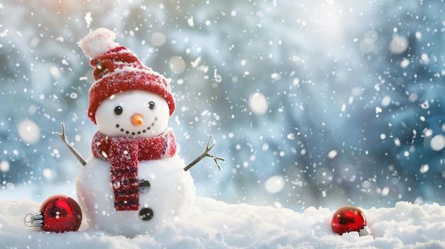 there is a snowman with a red hat and scarf sitting in the snow generative ai