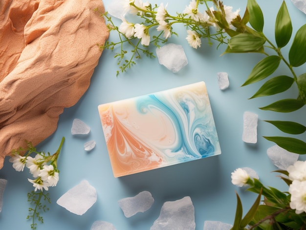 there is a soap bar sitting on a blue surface surrounded by flowers generative ai