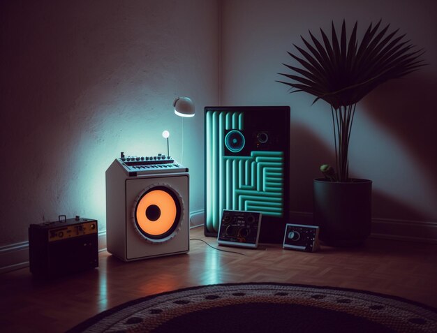 Photo there is a speaker and a plant in a room generative ai