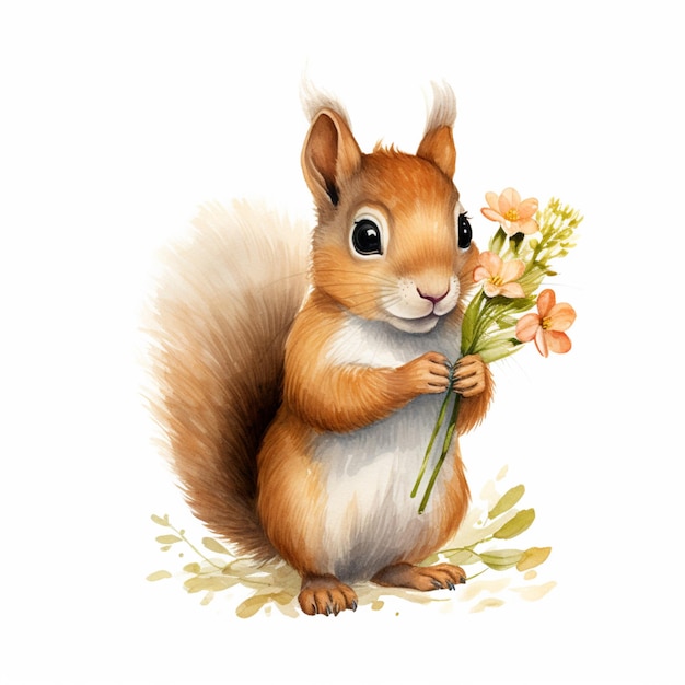 there is a squirrel holding a bunch of flowers in its paws generative ai