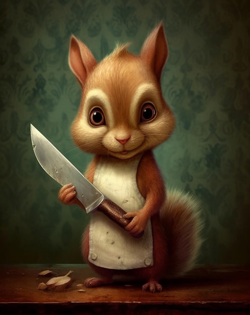 There is a squirrel holding a knife and a knife in its hand generative ai