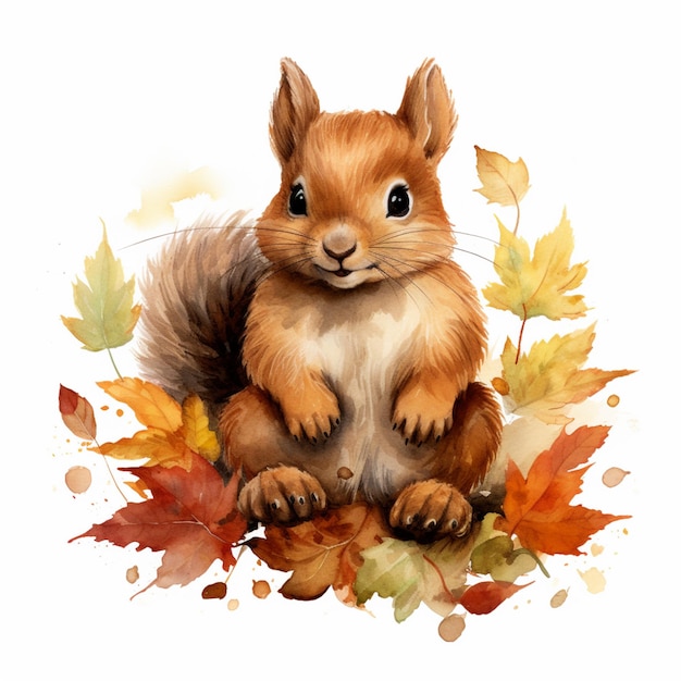 there is a squirrel sitting on the ground with leaves around it generative ai